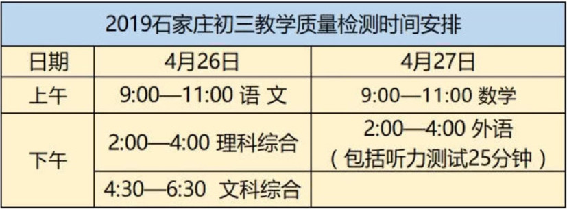 2019石家莊中考一模時間：4月26日至4月27日